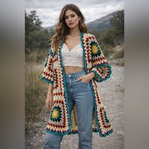 Upcycled Vintage Crochet Duster One Size Handmade Granny Square Boho Statement